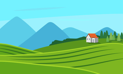 Sunny landscape, rural scene with fields, mountains and a little house. Vector illustration in flat style