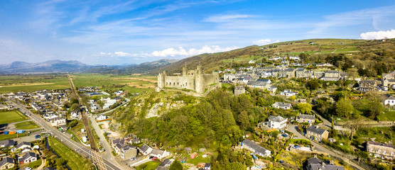 Fototapeta na wymiar Aerial view of the skyline of Harlech with it's 12th century castle, Wales, United Kingdom