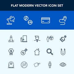 Modern, simple vector icon set with plastic, business, launch, achievement, meeting, architecture, navigation, petrol, map, white, rocket, road, gas, first, interior, space, debit, lamp, paint icons