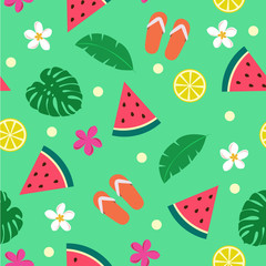 Summer pattern - colorful seamless pattern with watermelon, lemon, leaves and flowers, vector illustration.