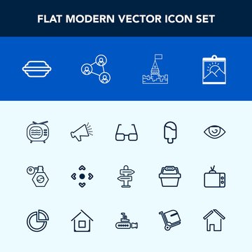 Modern, simple vector icon set with loudspeaker, television, technology, medieval, tv, food, burger, frame, dessert, lettuce, beauty, ice, communication, cream, white, bun, pump, business, way icons