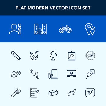 Modern, simple vector icon set with personal, wood, travel, gasoline, juice, road, addiction, office, baseball, tobacco, business, position, fuel, photo, landscape, environment, map, cycle, bike icons