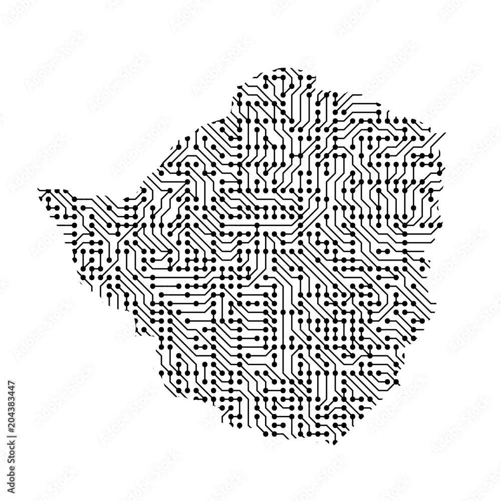 Poster abstract schematic map of zimbabwe from the black printed board, chip and radio component. computer 