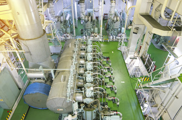 The engine room on the bulk cargo big ship.