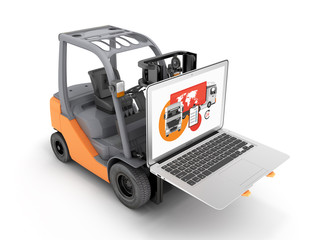 Concept logistics of loading and delivery The forklift lifts the laptop isolated on white background 3d