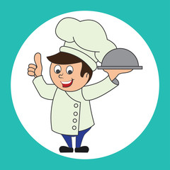 chef man with the toque holding a dish ready to serve. cartoon character. vector illustration