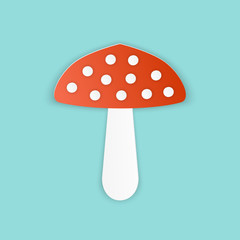 Vector illustration, amanita muscaria mushroom red with white dots in papercut style with transparent shadows isolated on blue background