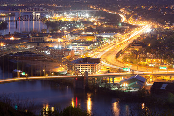 Fototapeta na wymiar Warehouses on Chateau neighborhood and bridges over the Ohio River, Pittsburgh, Pennsylvania, USA