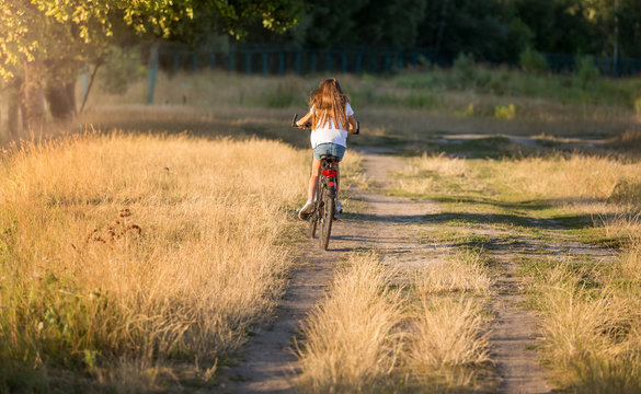 Rear view image of young woman with long hair riding bicycle in the field