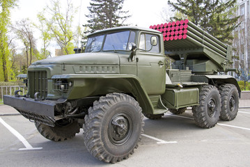 Russian military equipment close-up. In the city. Peaceful time. Multiplash system Grad