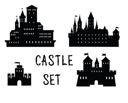 Castle set. Ancient castle building silhouette collection.