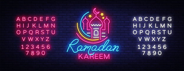 Ramadan Kareem neon sign vector, leaflet design template concept of lines with colored crescent and mosque, Islamic banner background design, neon symbol, modern trend design. Editing text neon sign
