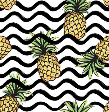 Fruit wave seamless pattern with pineapple. Food background