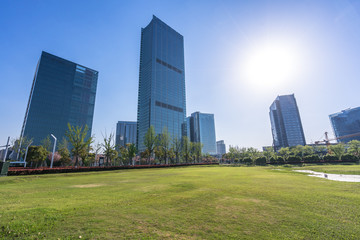 Fototapeta premium green lawn with modern office building