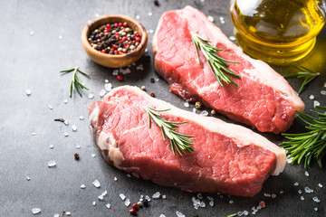 Raw beef striploin steak. 