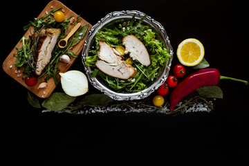 Organic vegetables with fresh grilled meat on vintage background, top view, banner. Background layout with free text space.