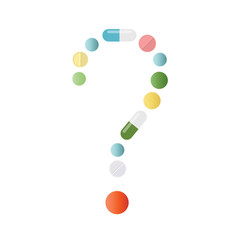 Question mark made of colored pills and capsules on white background. What medicines to choose better, what will help. Health problem concept. Vector isolated.