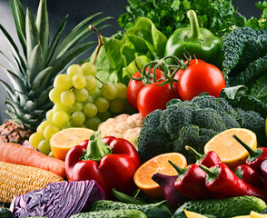 Composition with variety of raw organic vegetables and fruits