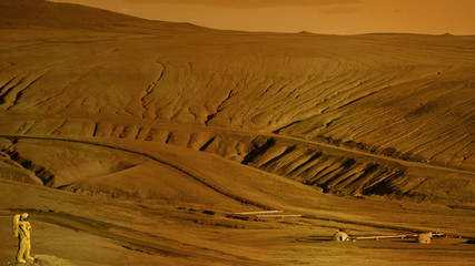 Pianeta Marte, suolo, crosta, spazio, sistema solare. Colonizzazione. Astronauta, cosmonauta e base spaziale sul suolo marziano. Conquista di Marte. 3d rendering © Naeblys
