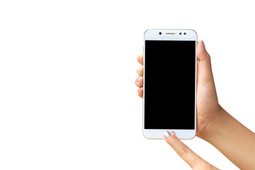 woman hand holding blank and touch screen smart phone isolated on white background.