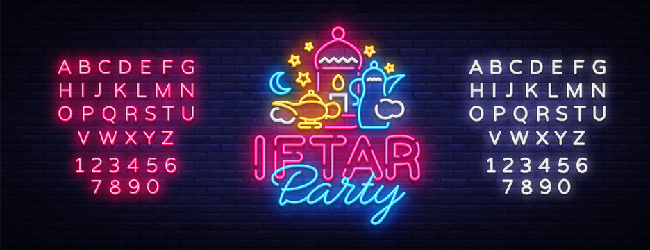Iftar Party invitation card vector illustration. Iftar Party Festive Illustration Design template in modern neon style, Muslim holiday of holy month Ramadan Karim. Neon sign. Editing text neon sign