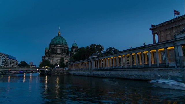 Berlin time lapse, river spree with museum island and cathedral, day to night transition 