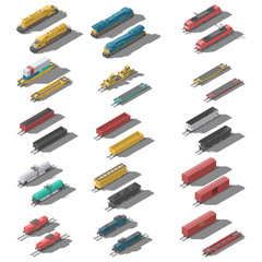 Freight railroad cars and locomotives isometric low poly icon set