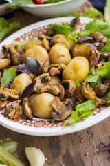 Fototapeta na wymiar Backed potatoes and roasted mushrooms on salad leaves. Organic farm lunch or dinner. Raw vegan vegetarian healthy food