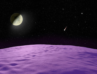 Moon shining over uninhabited violet planet