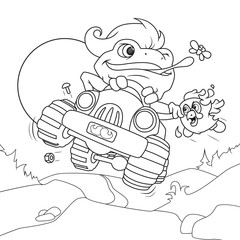 Frog Racer. A coloring Book Page with Background