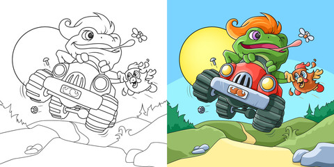 Frog Racer. A coloring Book Page with colored example
