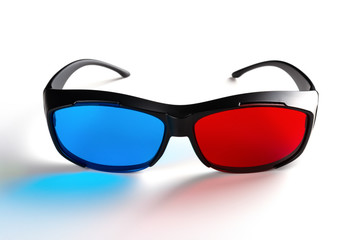 front view of a red and blue 3D glasses on white background