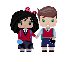 girl and boy students in school uniform, with backpacks, a book, an electronic textbook, a tablet. Smile and hold hands. First-graders