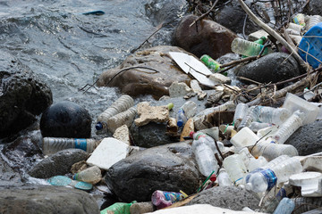 Plastic drum floating on a beach side and other flowing plastic garbage