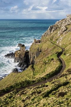 Botallack Crown Mines, view down onto ruined mine workings and wheel house on the cliffs, and view out to sea. 