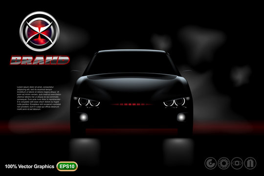 Black car on black background with logo and description.  Mock up is ready to be converted to your business needs.  Realistic image