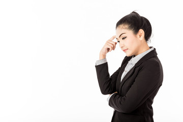 Beautiful Attractive Asian business woman in suit stress and thinking,Isolated on white background,Business Concept