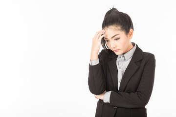 Beautiful Attractive Asian business woman in suit stress and thinking,Isolated on white background,Business Concept