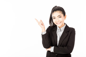 Beautiful Attractive Asian business woman in suit smile and thinking get idea with her business start up feeling so happiness and cheerful,Isolated on white background,Business Start up concept