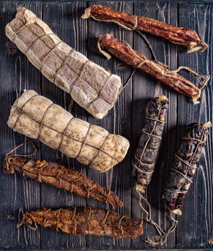 dried meat on the wooden background
