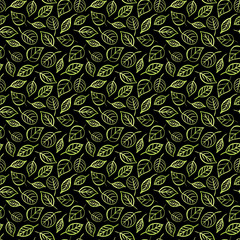 Seamless pattern green watercolor leaves on black background - 204396821