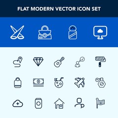 Modern, simple vector icon set with roller, internet, summer, music, location, crystal, tool, leather, cocktail, background, navigation, brush, food, cloud, complete, drink, online, salt, juice icons