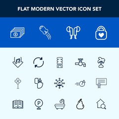 Modern, simple vector icon set with white, display, summer, internet, technology, cooler, space, tap, fan, cigarette, electric, spaceship, palm, cash, flame, tropical, screen, arrow, object, air icons