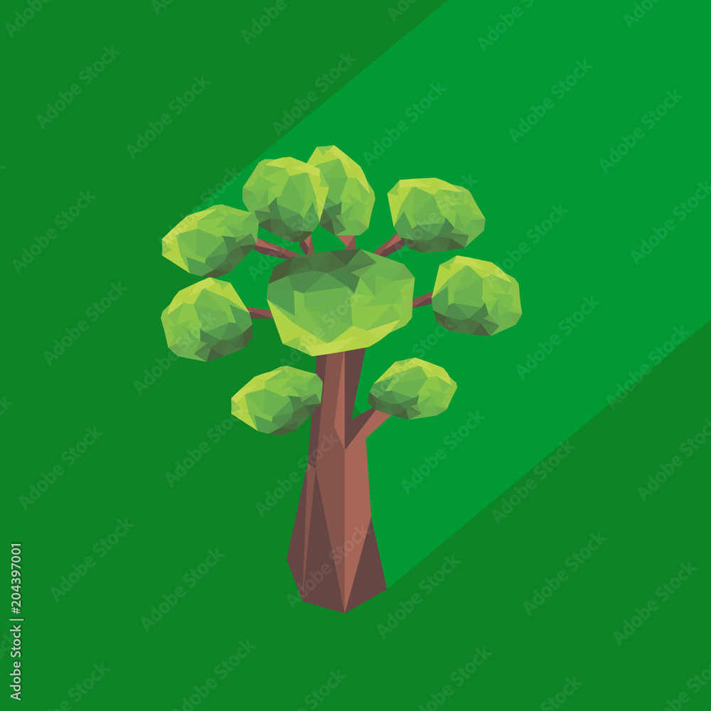 Aufkleber abstract polygonal tree with long shadow on color background. tree low poly - elements for icons or 