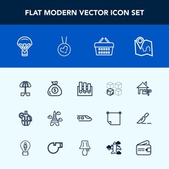 Modern, simple vector icon set with money, travel, cardboard, road, eiffel, research, rent, home, medical, pin, parasol, paris, grenade, estate, landmark, hand, package, france, umbrella, basket icons