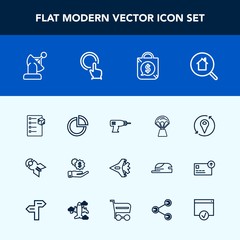 Modern, simple vector icon set with checklist, graph, space, package, dollar, home, satellite, falling, travel, business, earth, hand, weapon, drill, location, technology, online, sky, money icons