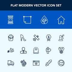 Modern, simple vector icon set with forest, house, clock, airplane, character, style, flight, high, hour, home, bucket, architecture, fashion, finance, employer, plane, alien, earth, coin, sand icons