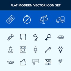 Modern, simple vector icon set with electricity, lorry, jazz, light, boy, bus, human, play, musical, row, avatar, stick, interior, vehicle, security, male, bugle, trumpet, note, weight, laundry icons