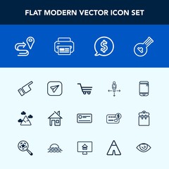 Modern, simple vector icon set with folk, music, touchscreen, sky, mountain, cart, money, retail, technology, finger, mobile, label, location, frame, navigation, message, trolley, landscape, map icons