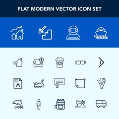 Fototapeta premium Modern, simple vector icon set with cup, interior, success, sun, sea, template, space, rent, certificate, arrow, estate, transportation, transport, increase, property, diploma, right, sofa, cafe icons